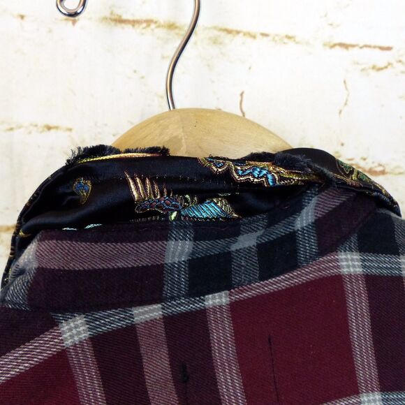 Furst of A Kind Shirt L/XL Plaid Flannel Dragon Satin Sleeves Mixed Media Button - Picture 12 of 15
